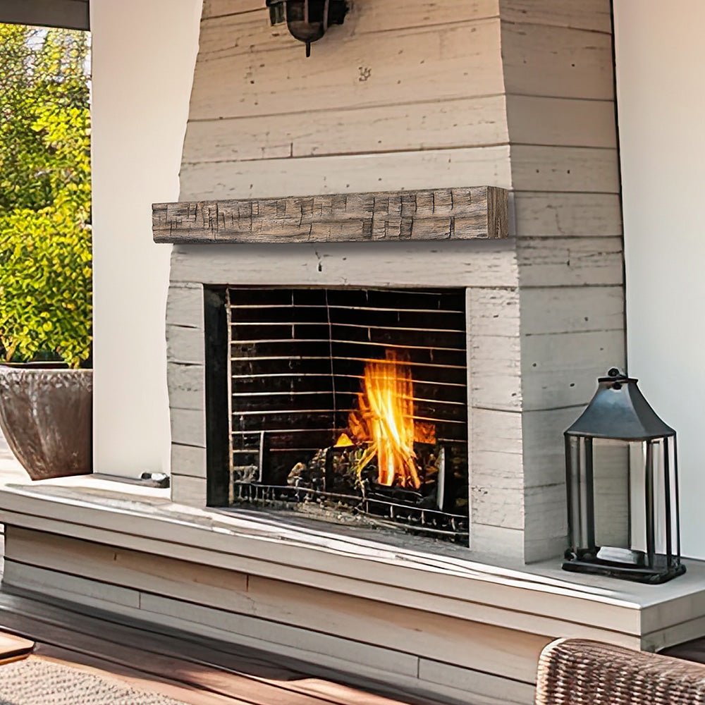 Tavern Timbered Beam Non-Combustible Mantel Shelf RIVER ROCK Finish - ExceptionalFire