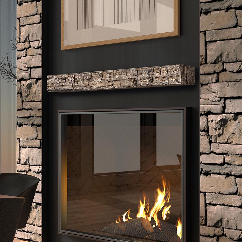 Tavern Timbered Beam Non-Combustible Mantel Shelf RIVER ROCK Finish - ExceptionalFire