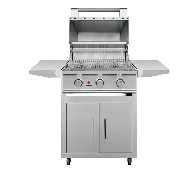 TFE 25 Inch Freestanding Grill stainless steel with propane storage and foldable shelves