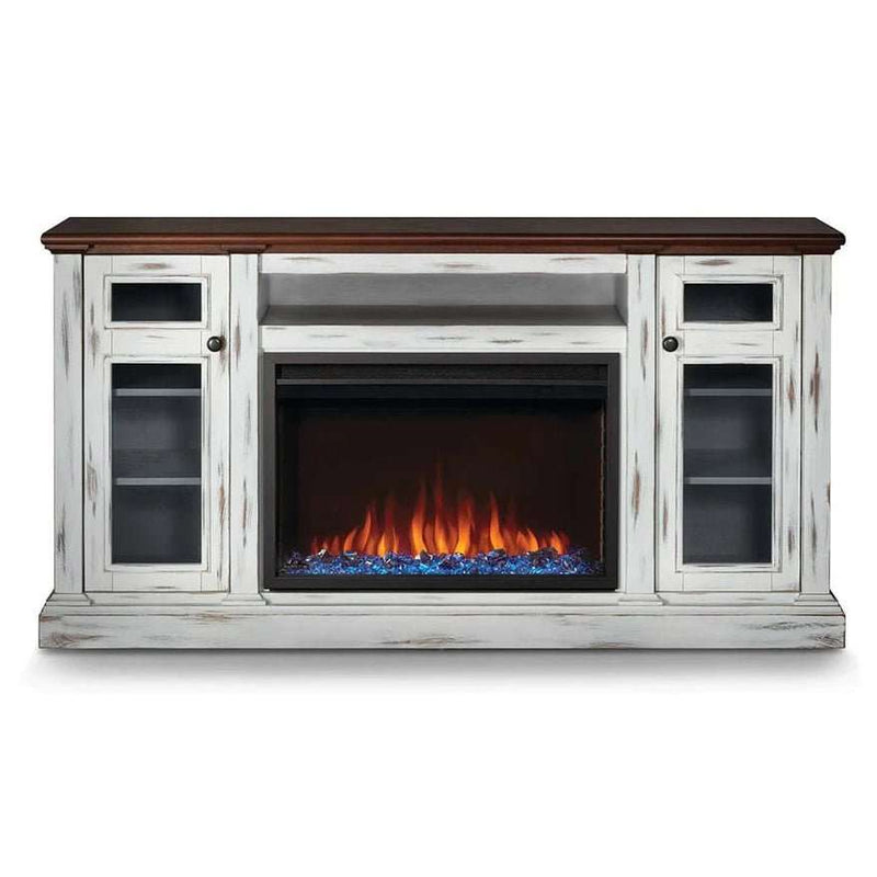 The Charlotte Electric Mantel Package with warm cherry top, distressed white finish, electric fireplace, and storage for TVs up to 75 inches