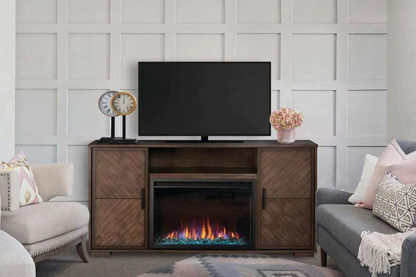 Hayworth Electric Mantel Package with mahogany finish, Cineview 30 Electric Firebox, customizable flame, 5,000 BTU heater, touch controls, and built-in media compartment.