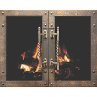 Timeless Flames vintage steel masonry fireplace doors with heavy architectural accents