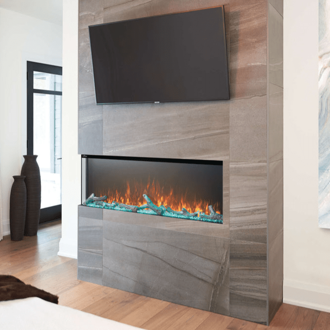 Trivista™ Primis 50 three-sided built-in electric fireplace with customizable flames and ember bed colors