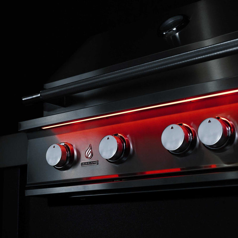 TrueFlame 40 inch built-in grill with stainless steel knobs and red LED lighting