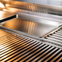 Close-up of TrueFlame 40 inch built-in grill stainless steel cooking grates and warming rack with removable tray.