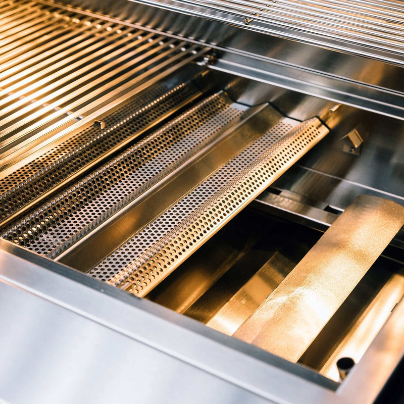 Close-up of TrueFlame 40 inch built-in stainless steel grill interior with flame tamers and cooking grates