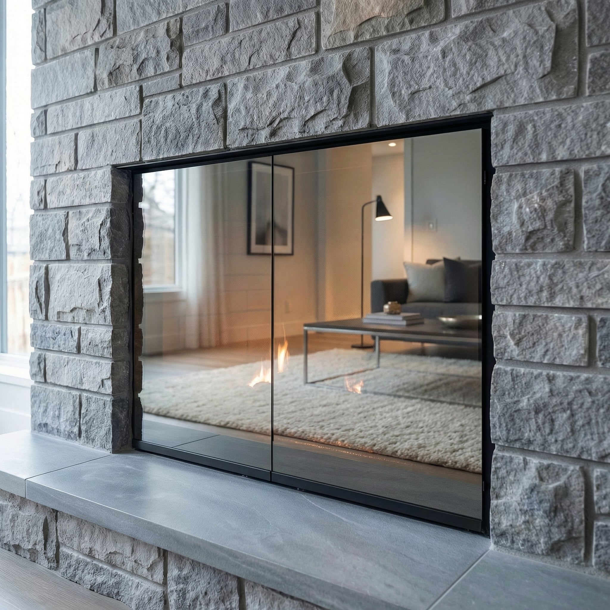 Odyssey Masonry prefab solar reflective fireplace glass doors with flat black powder coat twin cabinet doors