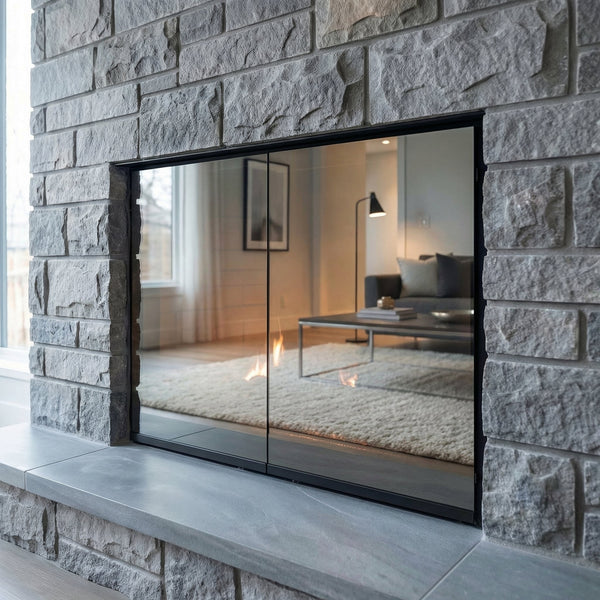 Odyssey Masonry prefab solar reflective fireplace glass doors with flat black powder coat twin cabinet doors