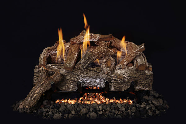 24-inch Weathered Oak single-sided ventless gas log set with realistic red oak logs and adjustable flames