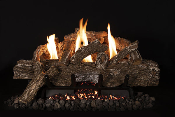 30-inch Weathered Oak single-sided ventless gas log set with realistic red oak logs and adjustable flame settings
