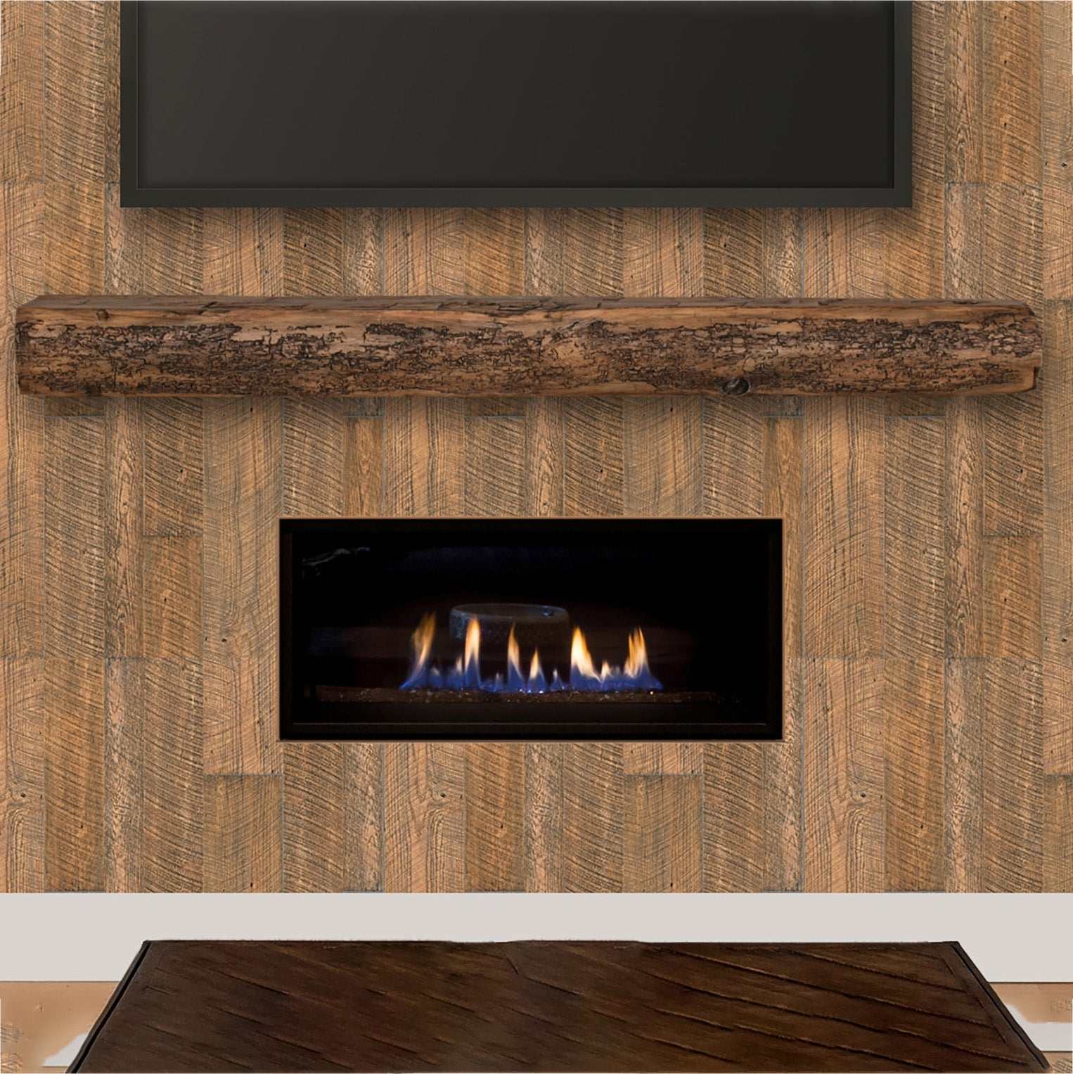 Six-piece honey roast finish wall board kit with realistic texture, fireproof and heat resistant, made in the USA, for fireplace surrounds with Monterey Fireplace Doors.