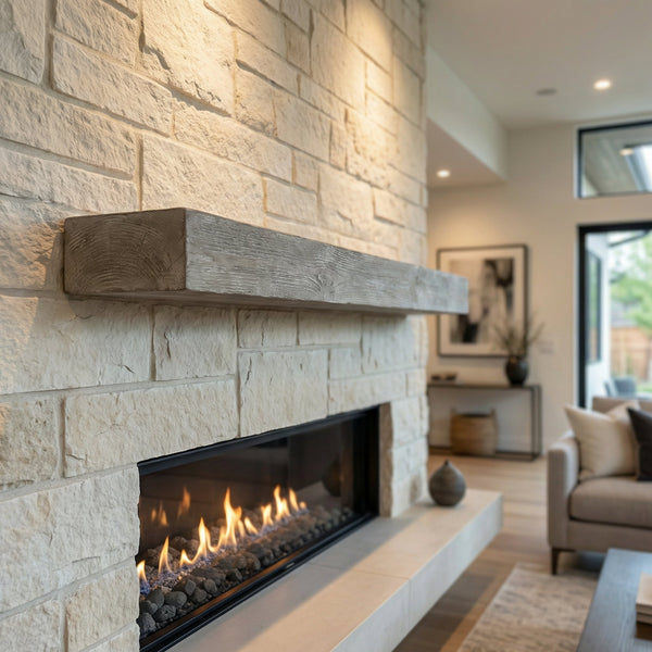 Flat sawn non-combustible concrete mantel shelf with weathered grey finish and rough-sawn woodgrain texture