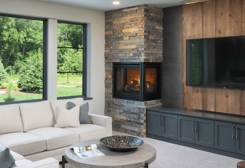 Majestic Corner Series gas fireplace angle lifestyle room shot