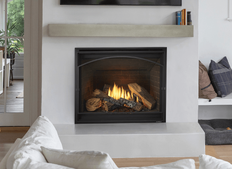 Heat & Glo 6KX 36 Direct Vent Traditional Gas Fireplace (Tranquil Greige Herringbone Interior, Birch Logs) | Model 6KX-TG-BIR