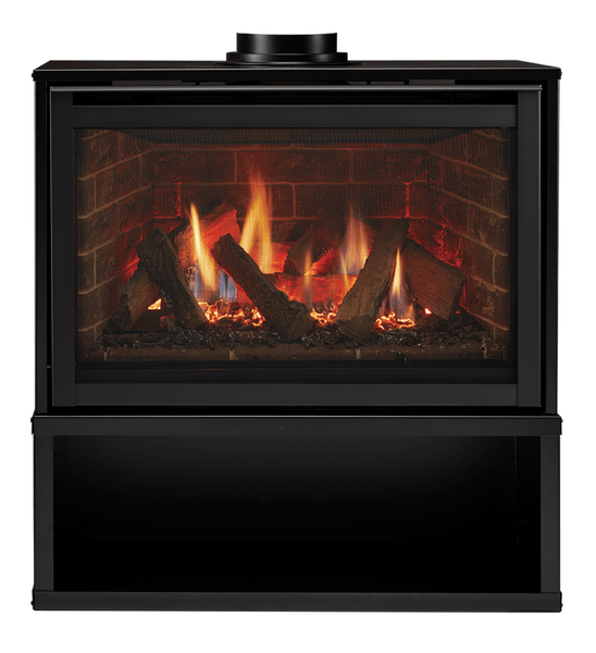 Majestic Ruby 30 freestanding gas fireplace with cabinet mantel product shot