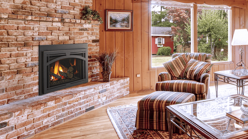 Majestic Trilliant 30 gas insert with Tuscan arch front and black glass interior