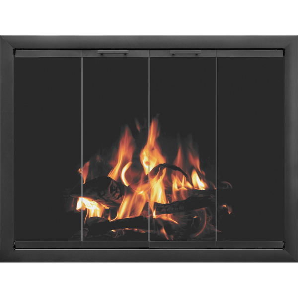 Wheatland custom masonry fireplace glass doors with aluminum frame by Stoll Industries