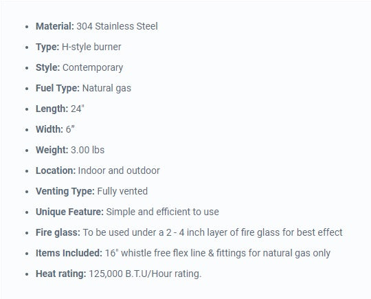 24" x 6" Stainless Steel H-Style Burner - Natural Gas