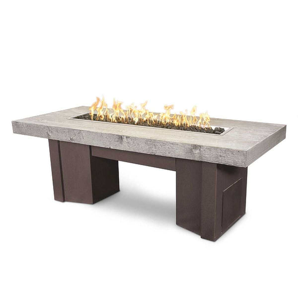Alameda Wood Grain Fire Pit with concrete wood grain tabletop and burning flames on steel base