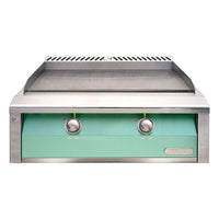 Alfresco 30-inch light green freestanding natural gas griddle with dual-zone thermostatic controls and stainless steel cooking surface