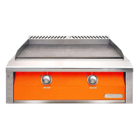 Alfresco 30-Inch luminous orange freestanding natural gas griddle with stainless steel cover and dual-zone thermostatic controls