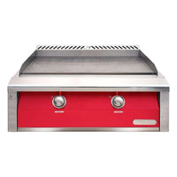 Alfresco 30-inch freestanding natural gas griddle in raspberry red with dual-zone thermostatic control and stainless steel cover