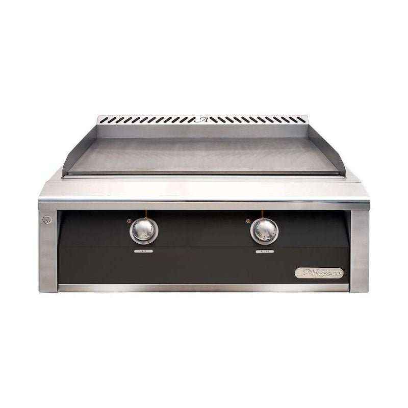 Alfresco 30-inch propane griddle with dual-zone thermostatic controls and stainless steel construction in black matte finish