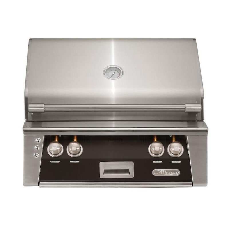Alfresco ALXE stainless steel built-in natural gas grill with rotisserie and analog thermometer