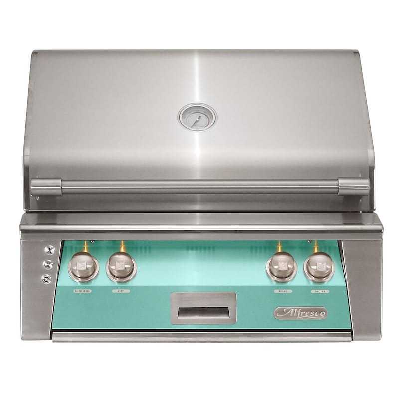 Alfresco ALXE 30-Inch Built-In Natural Gas Grill With Rotisserie in Light Green - ExceptionalFire