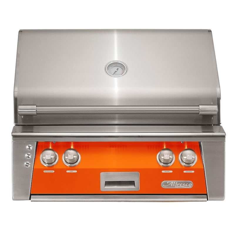 Alfresco ALXE 30-inch built-in natural gas grill with stainless steel hood and orange control panel featuring analog thermometer and control knobs.