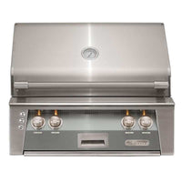 Alfresco ALXE 30-inch built-in natural gas grill in stainless steel with analog thermometer and control knobs