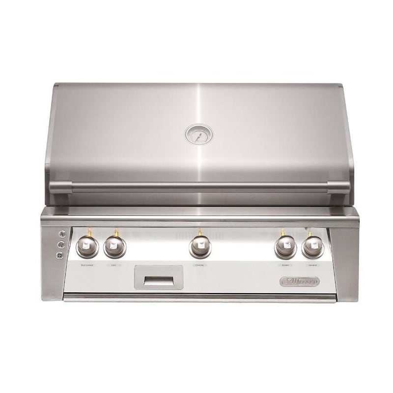 Alfresco ALXE 36-inch built-in natural gas grill in stainless steel with rotisserie and analog thermometer