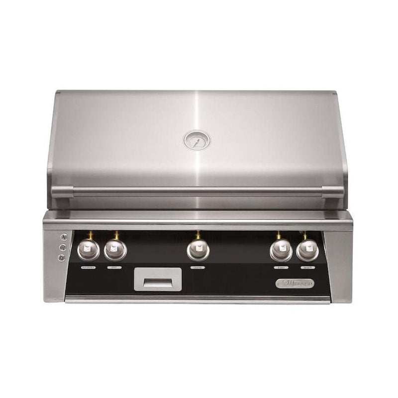 Alfresco ALXE 36-inch built-in stainless steel propane grill with rotisserie and sear zone in black matte