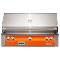 Alfresco ALXE 42-inch built-in natural gas grill with luminous orange front panel and stainless steel lid