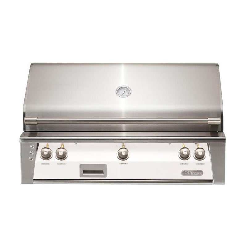 Alfresco ALXE 42-Inch built-in natural gas grill in stainless steel with integrated rotisserie and smoker system