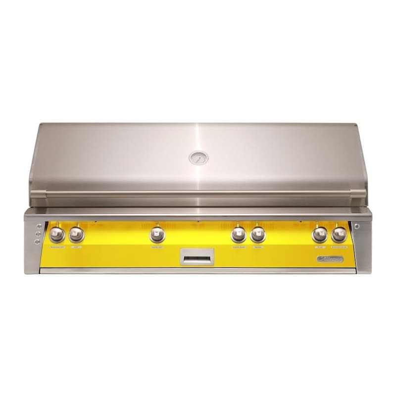 Alfresco ALXE 56-inch built-in natural gas grill with sear zone and rotisserie in yellow and stainless steel