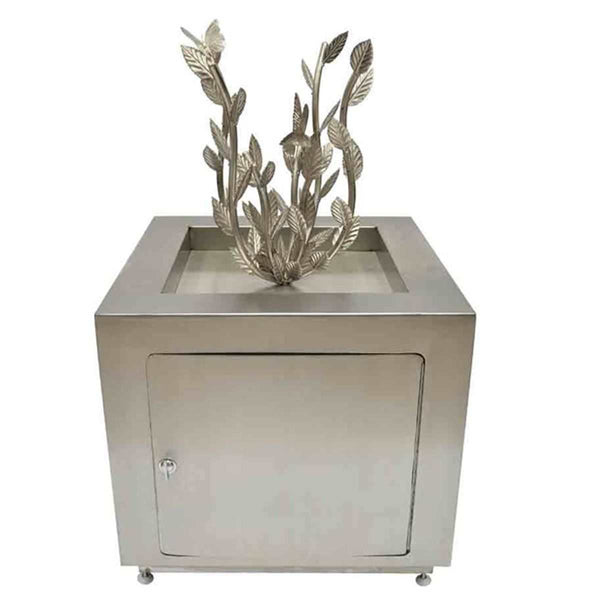 Colma Square Gas Fire Pit with ornamental leaf and branch stainless steel burner design