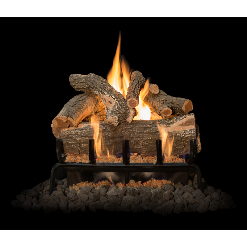 Grand Canyon 21-Inch Arizona Weathered Oak natural gas log set with realistic flame and ember effect on black background