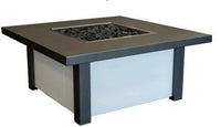 Modern square fire pit table with black frame and lava rocks centerpiece