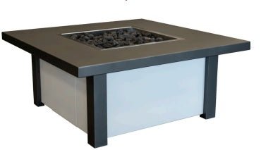 Modern square fire pit table with black frame and lava rocks centerpiece