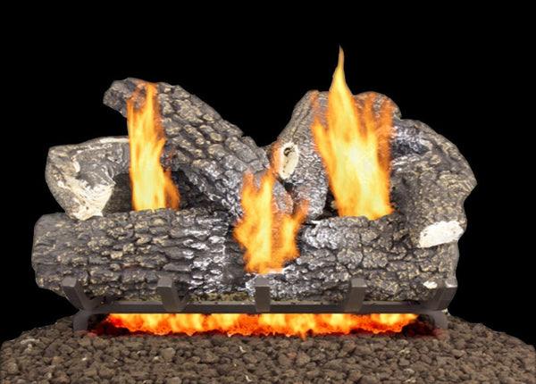 Gas log set with dual burner and realistic concrete logs burning with flames
