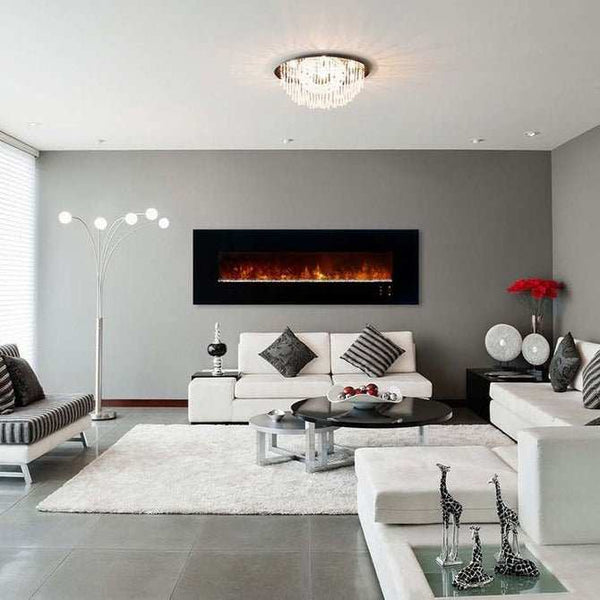 Modern Flames Ambiance 80-inch wall mount electric fireplace with orange flames in contemporary living room