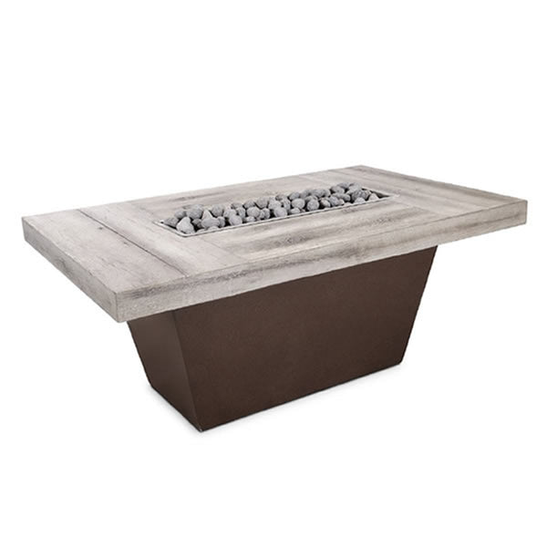 Tacoma Wood Gas Fire Pit Table with wood grain finish and lava rocks on top
