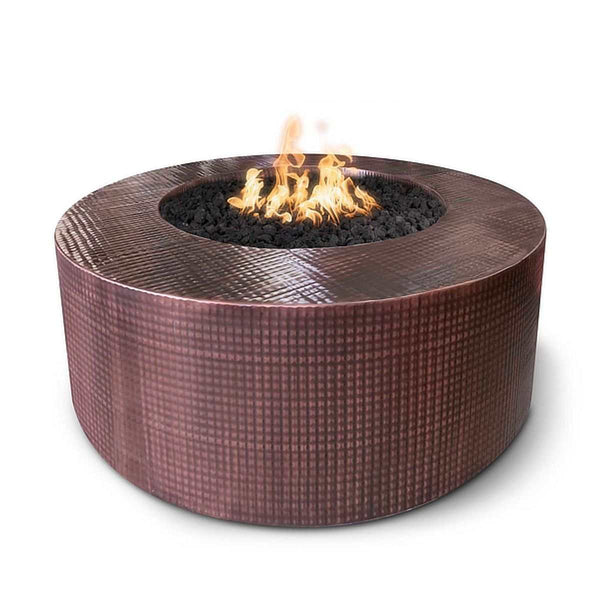 Unity Hammered Copper Fire Pit with natural gas flame and hammered texture, 48x24 inches