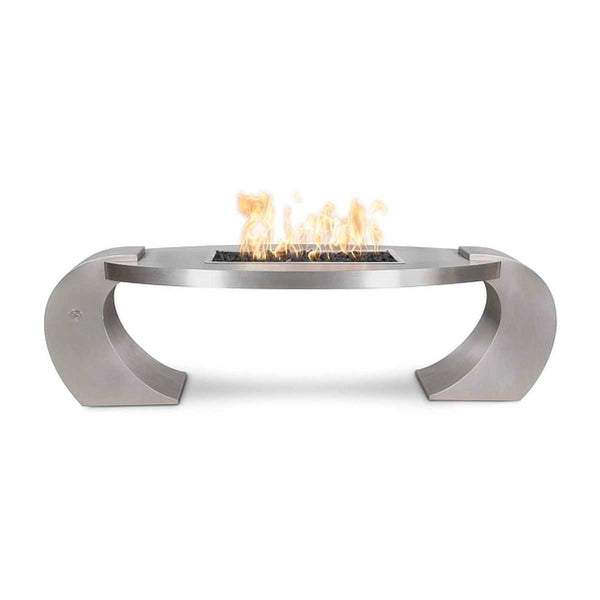 Vernon Stainless Steel Gas Fire Pit with modern curved design and flames on top