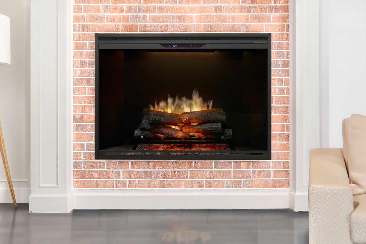 Dimplex Revillusion electric fireplace with glowing logs in a brick and white-paneled room